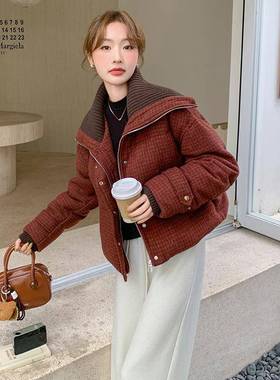 红色韩针织拼接大翻领短款羽绒服女外冬20C203-7795新款小2个版子