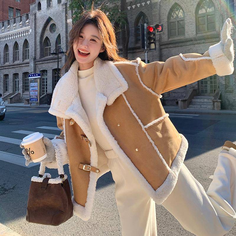仿皮毛一体羊羔毛棉外套女冬服季2机025c290-588厚新款加加绒车服