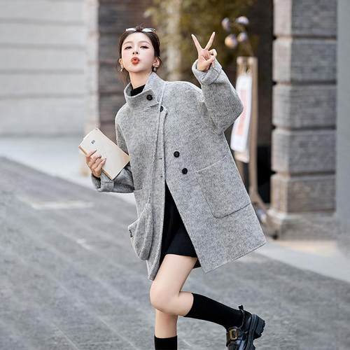 2025季新款冬高端立领双面呢毛HE5119-1大衣女中羊长外套 款配包