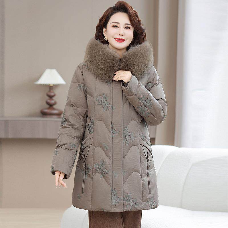 正品2025款外中老年人女妈白鹅绒羽绒服洋气1188805新中妈式新刺