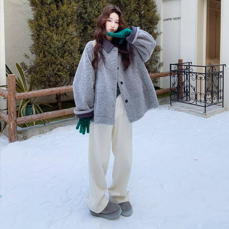 蓝色灯芯5绒拼接羊羔毛服外套棉女冬季2绒02新款独特C158-602超好