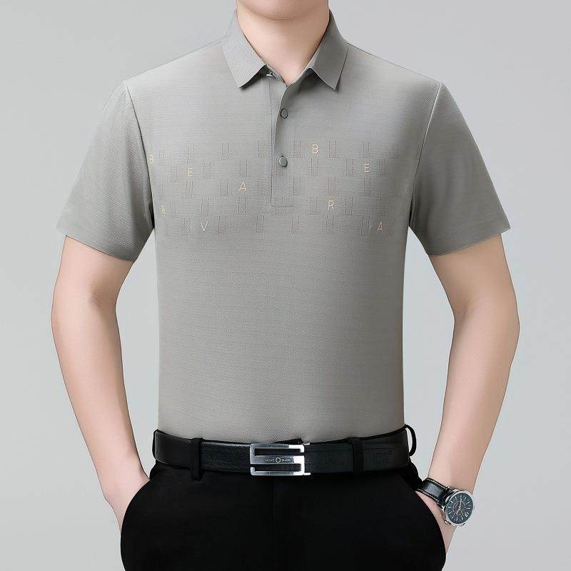 202男5士恤短袖桑蚕丝T休闲商务翻领poo衫中年男装l冰丝无痕8029-