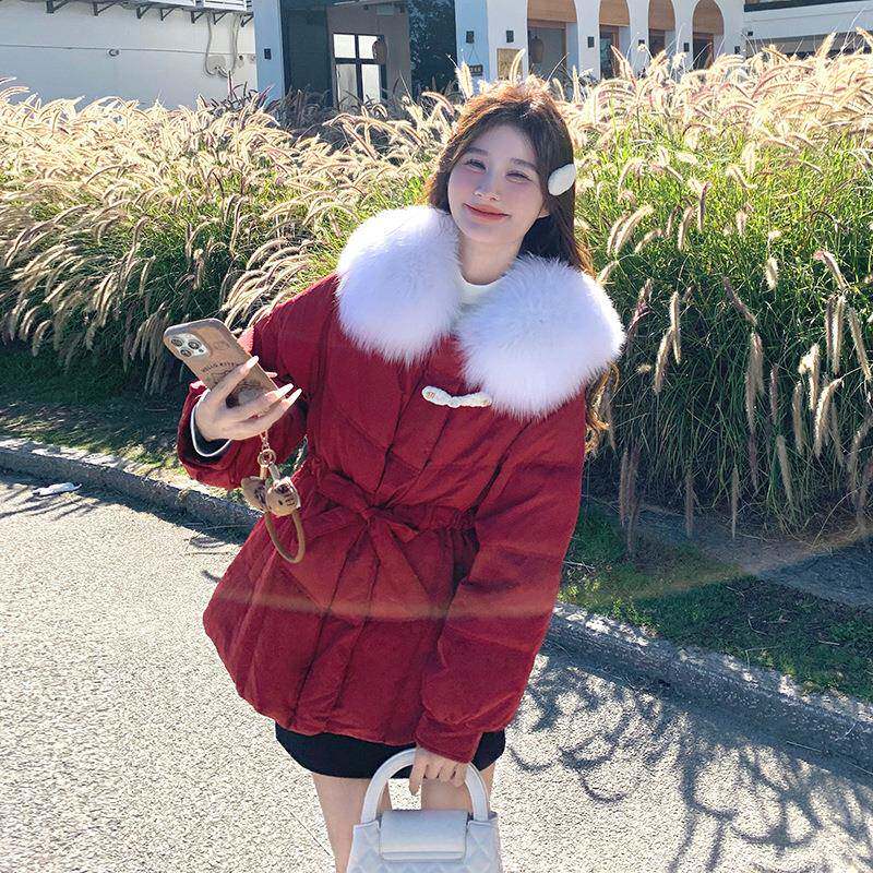 好看红色白小个子D078-810羽服女2025季新款绒收腰显瘦大毛领鸭冬