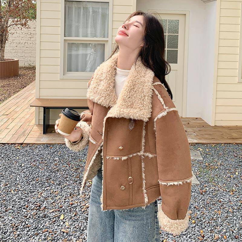 美冬D034-690拉毛德法式设设计感仿皮一体外套女2025款时尚计翻领