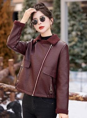 短外套秋冬女PU皮毛一新体短款加绒加厚质百搭款外套上衣HMHM2856