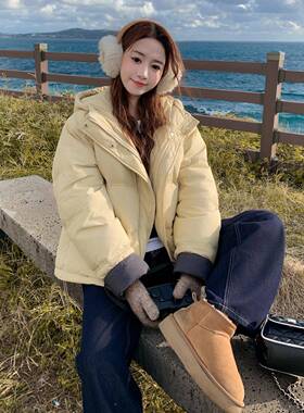 奶黄色保短款连帽撞色羽绒服外鸭套厚女冬2025b171-XW3新款白绒加