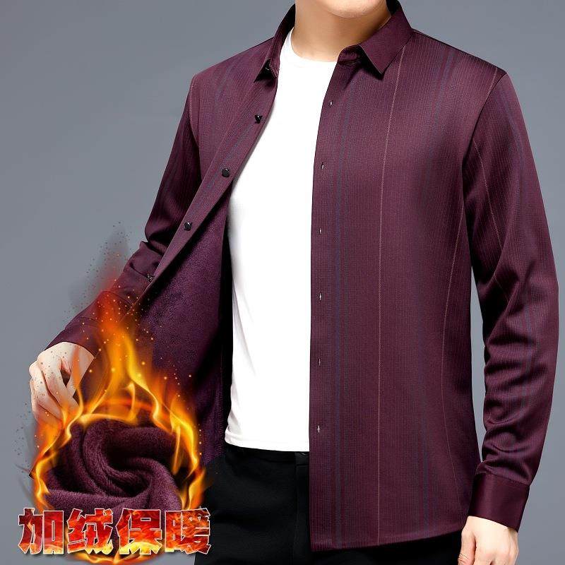 224冬季0男士保暖衬8671-P衫加绒闲条休纹山羊衬衣中年绒男装羊绒