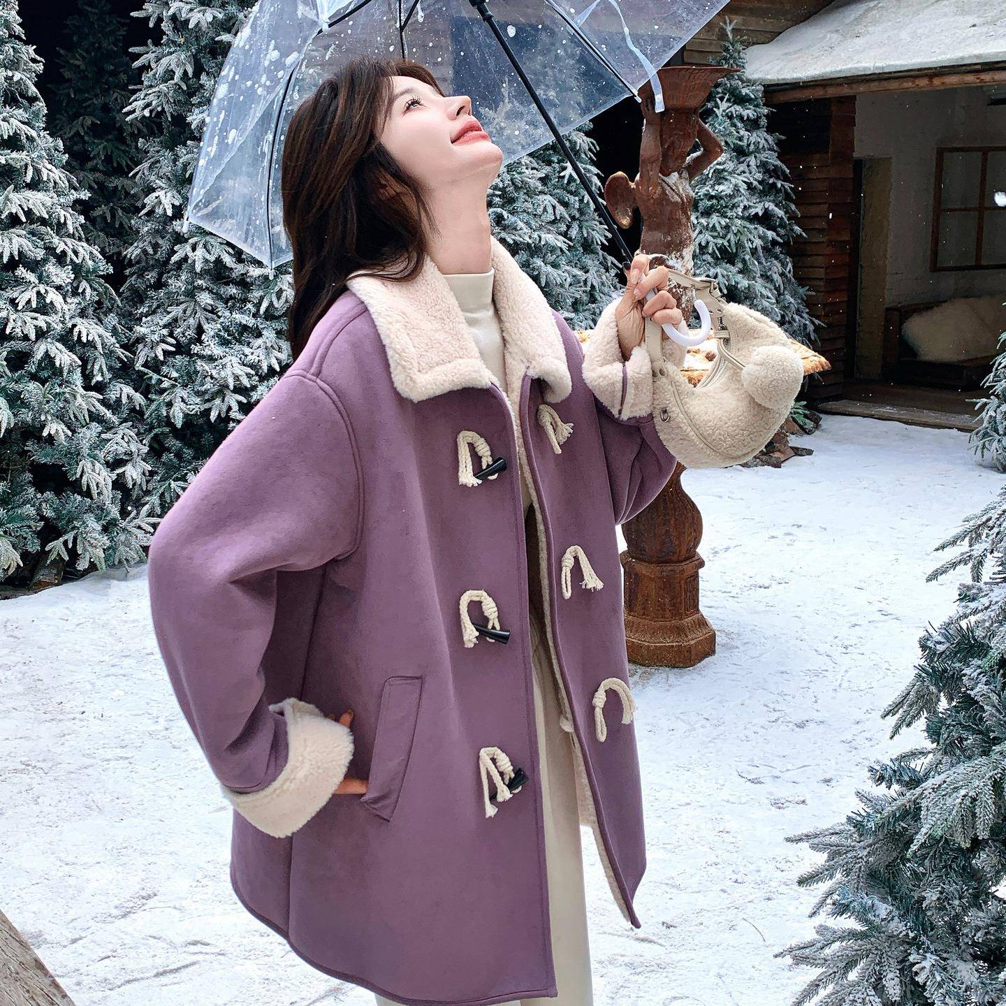 紫色仿毛一体牛角扣2羊毛外D145-Y88套羔女205冬好看减龄保暖中长