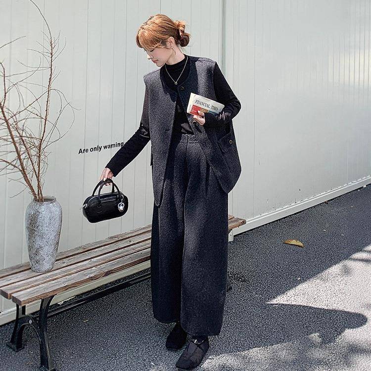 腰c262-890藏青色韩系双面呢羊毛甲套装女2季02马5冬打底衫高阔腿