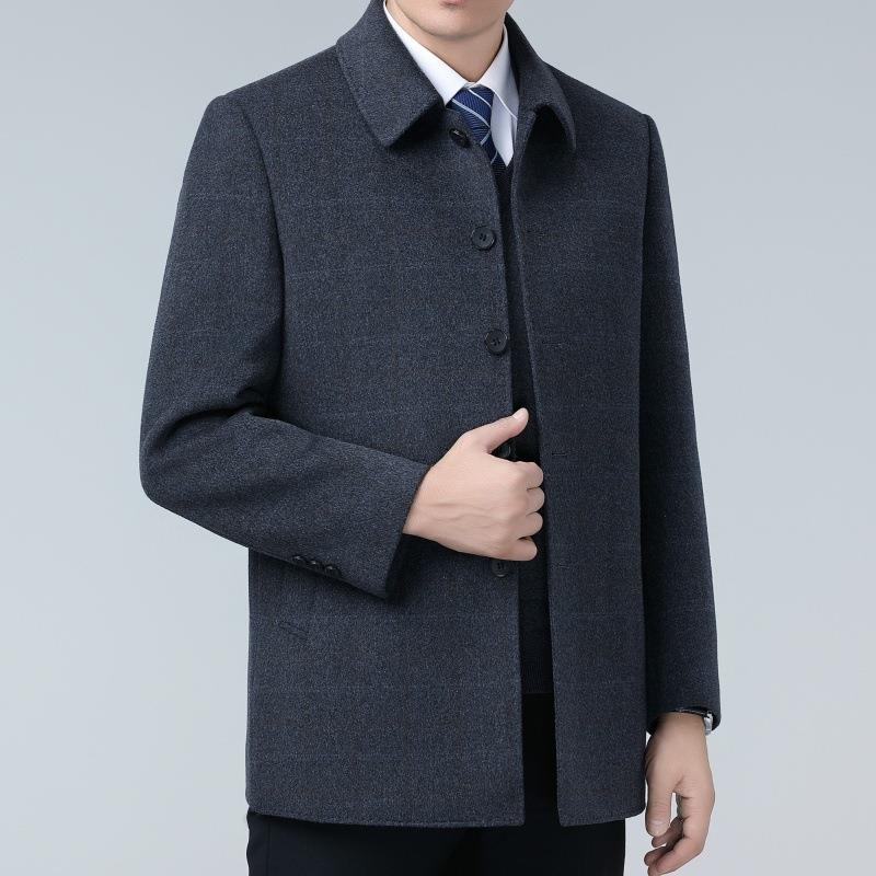 YFX品冬季加厚中羽绒内胆双面羊绒男牌大衣中长款老年爸爸装毛呢