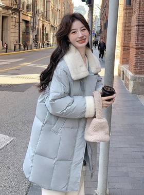 冬羊羔c129-995毛领蓝色中长款羽绒服女季2205新设款计感小众温柔