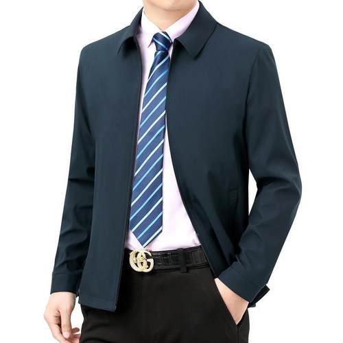 春秋季中年男桑蚕克中夹长款商务休丝闲2288亲爸爸装翻士领外套