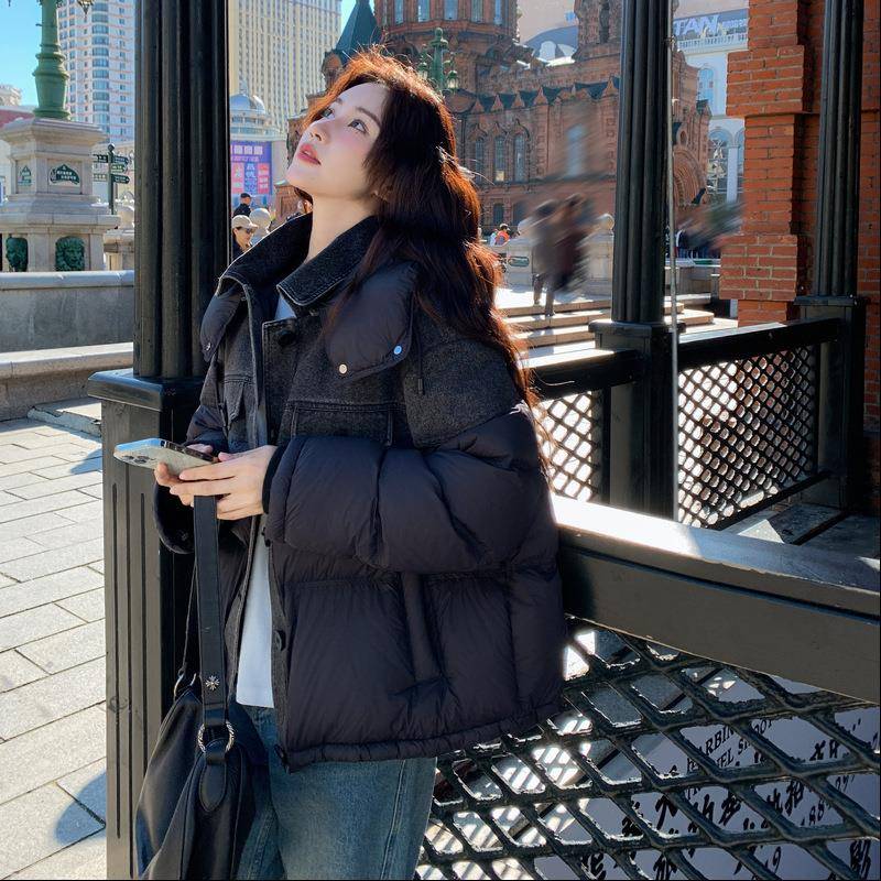 计感牛设仔拼接羽绒服女冬新黑色白c231-D57短款90鸭加厚洋气小绒