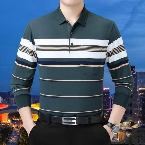 棉秋季男士中长袖恤年爸爸秋衣装上衣翻领条纹打底衫VTL爷爷服