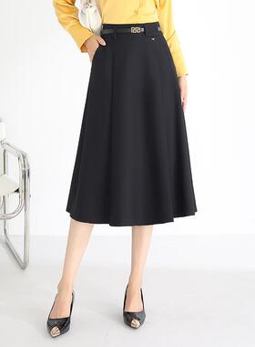 年春款简约中长摆款ZFO时质尚黑色半身裙高通勤气修身大腰字裙