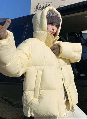 奶黄色松弛龄D145-Y88泡芙款羽感绒服女2025冬季新韩系连帽保暖白