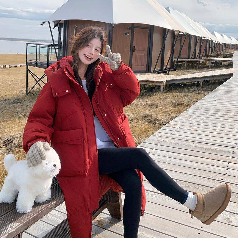 韩帽系红色中长款连羽绒服冬ZZB159 7新款宽松爆款过膝90女白鸭绒