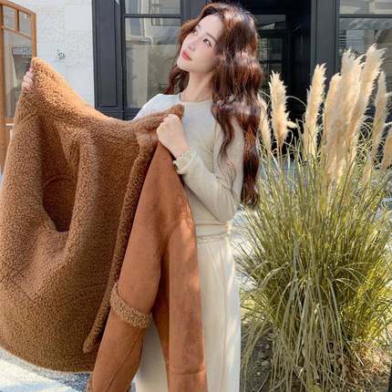 美拉德色两面外b189-881穿羊羔毛棕套女2025冬季一复古氛围感仿皮