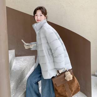浅色针织拼接蓝立领羽绒服女中保长款025冬季暖厚2实90C290-689白