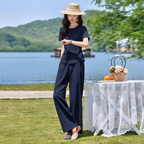 女装年夏新季G2659-06气款时尚修身上衣宽棉麻透阔腿裤松两件套