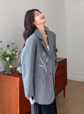 韩系灰色复古时尚气质花设朵刺绣西装外女2套025春ZZB228 A季新款