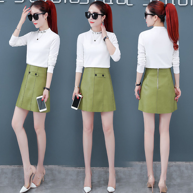 new pattern fashion grace suit 2020 Korean Edition Self cultivation Long sleeve T-shirt PU Short skirt Two piece setin the Women's clothing/Boutique , T-shirt  category - from Buy2taobao.com to provide professional Taobao agent buy service
