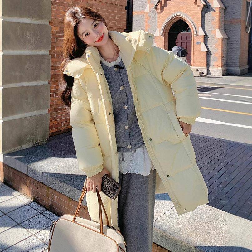 黄色韩系慵子懒风保连帽中长款羽绒服冬女季新款小个加厚暖面c257