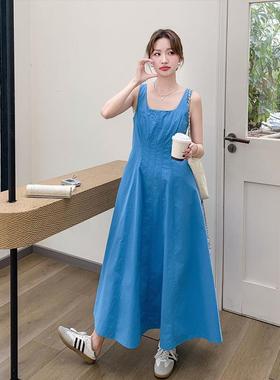 ZZB26099韩chi设计感瘦方领无袖连衣裙女20系25多巴胺蓝色气质显