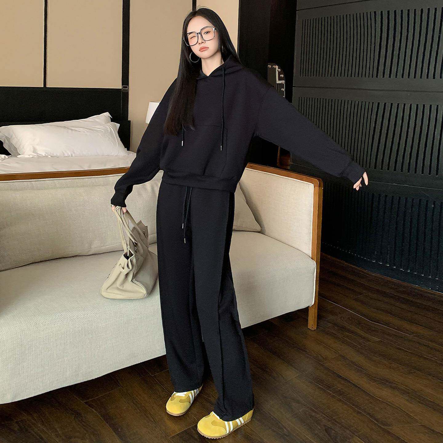 秋季新款时尚件休闲减龄套装女纯色腿帽卫衣连阔长裤两套修身ZR2C