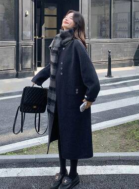 高级系长灰色双面羊绒大衣女20款25秋冬感D014-100新款韩围巾羊毛