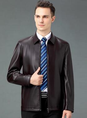春秋季新款绵羊皮衣皮士男中82269-F青年加绒短款翻冬领纯色软皮