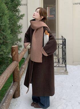 咖色复外古格纹披肩双面毛大C375-250女2025冬衣季洋气羊时髦中长