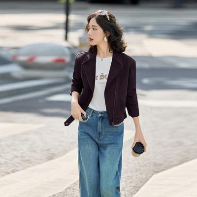 设计感鹿皮绒外套古女20小25ZGUO8091新款感机车服个子短款秋复夹