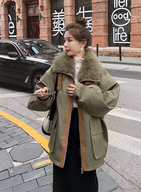 C203-235级感黑色羽绒派克5棉服女冬季202炸年新款加绒高加厚大毛