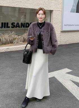 接紫色P5U皮2B076-82拼仿皮草女202茸冬季新款复古气质仿皮毛一体