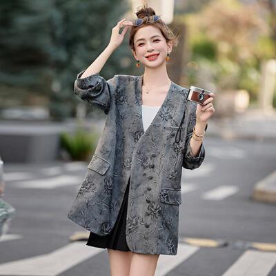 SY792-032025春季款女装V排领新中新式提花单扣时尚气质西外套 SY