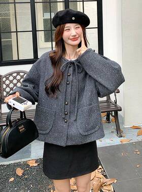 加灰色亮减龄蝴C176-120蝶结领毛呢外套女2025冬新款设计感季韩系