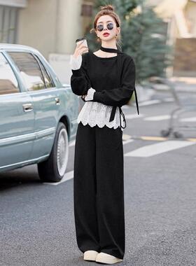 浅灰色款修身拼接蕾丝卫衣套装休闲裤20ZYI2538F5春2秋季新装女韩