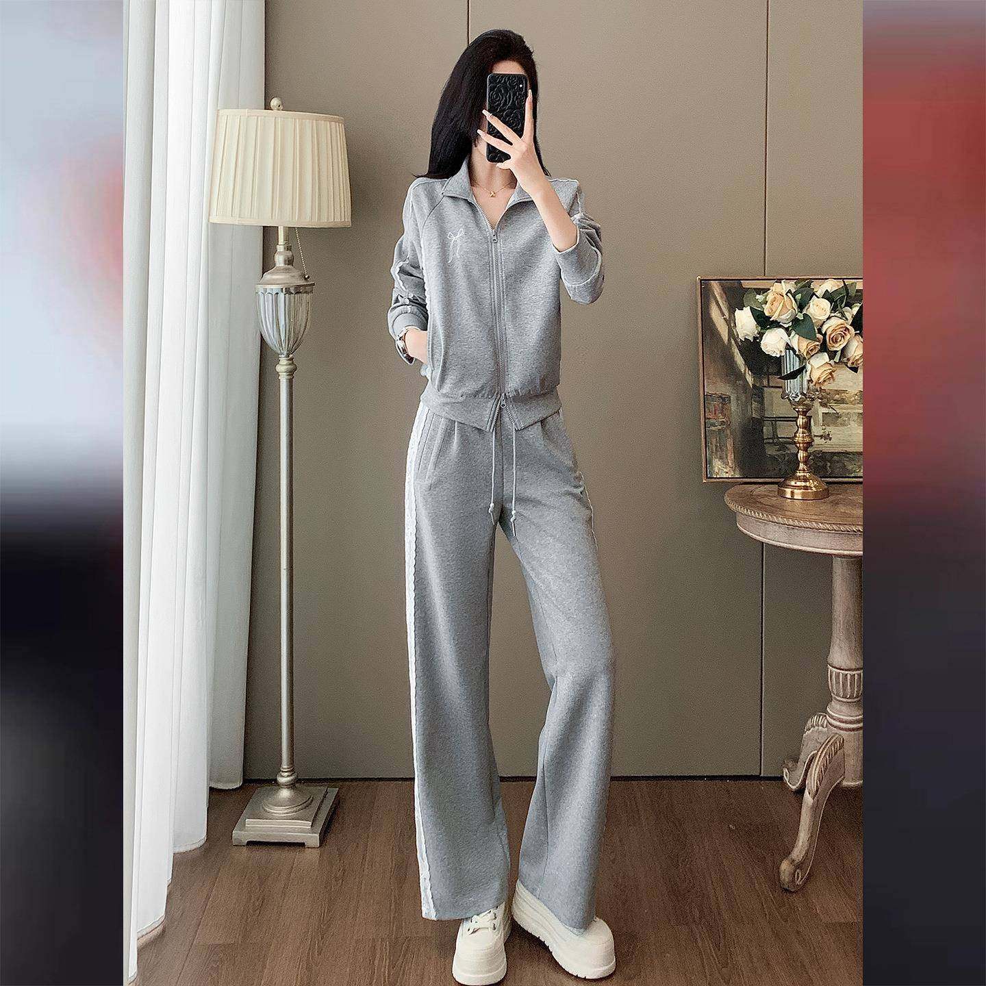 盐系高级初感时尚质套装女秋新款立领拼接袖上衣气阔长腿ZR2C310