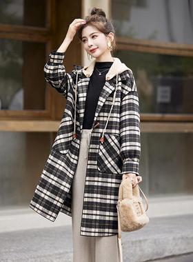 森系子大衣女格中长款205ZHAN82962春秋新款加厚小香风连帽级高感