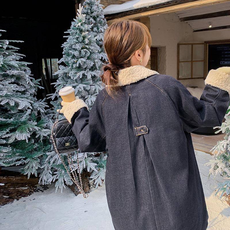 女复古牛仔羊2羔毛领羽绒C239-H32服冬中长款025新鸭款小个子加厚