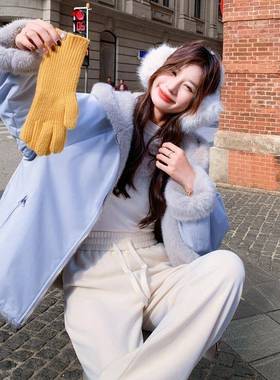 蓝C155-927灰色好看羔减龄连派克服女冬新款小个帽加子厚两面穿羊