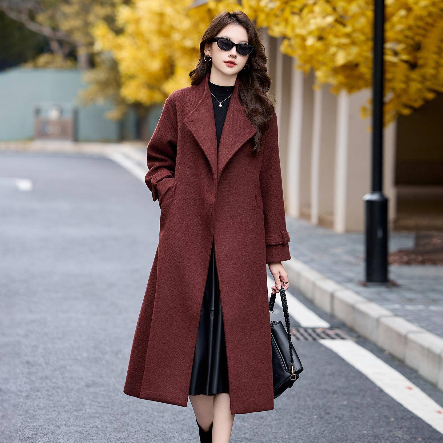 女式毛呢外R套系2025秋冬新款气质款感宽松收腰带翻HR1218-1长领