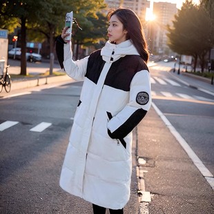 宽松大码冬季连帽拼接工装棉服女款韩版胖mm学生过膝长款棉衣外套