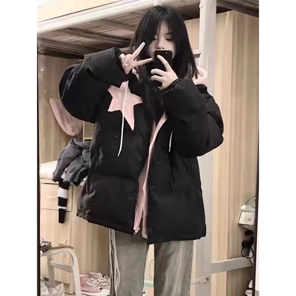 学院风设计感假两件拼接连帽棉衣棉服女2024冬季宽松面包服外套