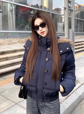 藏青色大毛领连帽羽绒棉服外套女冬季新款防寒面包服加厚棉衣短款
