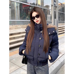 藏青色大毛领连帽羽绒棉服外套女冬季新款防寒面包服加厚棉衣短款