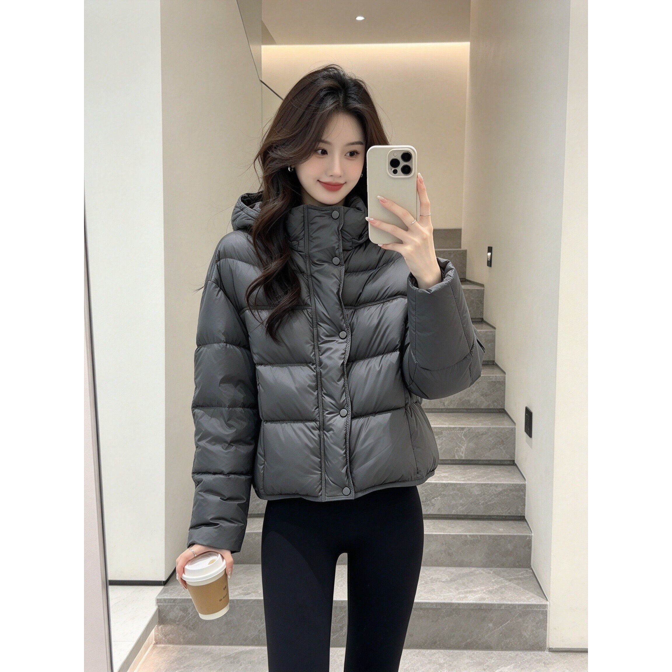 小个子短款连帽棉服女冬季新款 下摆抽绳收腰宽松加厚保暖面包服
