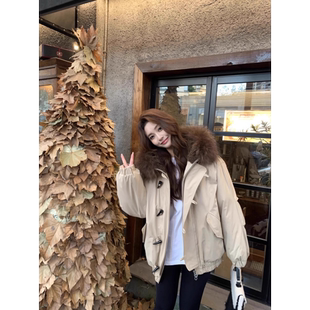 爆款牛角扣棉服女大学生短款大毛领2025冬新款加厚保暖派克服外套