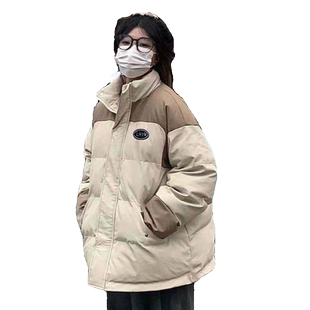 杏色韩系拼接拼色面包服女学生冬季新款ins设计感加厚保暖棉服潮